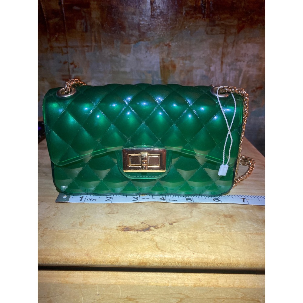 Deluxity Green Quilted Jelly Bag Gold Chain Crossbody Translucent Handbag Small - Picture 3 of 4